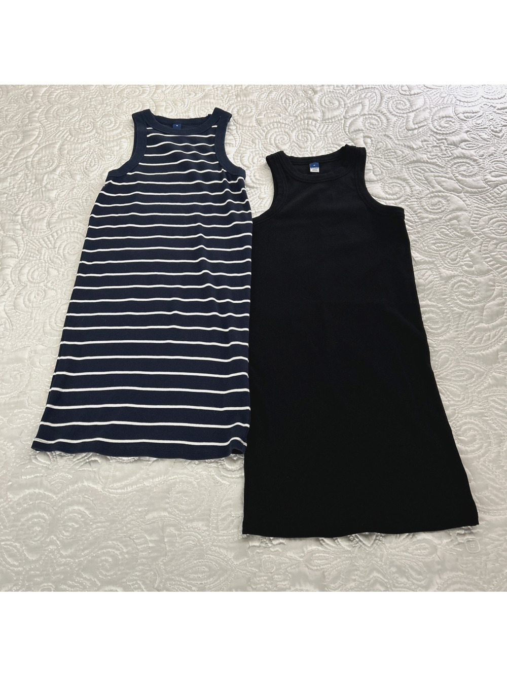 Lot of 2 - Old Navy Tank Dress Women Medium Black, Navy & White Striped Ribbed